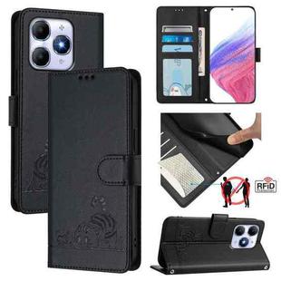 For Itel A90 Cat Rat Embossed Pattern RFID Leather Phone Case with Lanyard(Black)