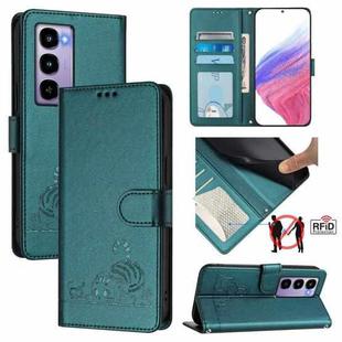 For Itel City 100 Cat Rat Embossed Pattern RFID Leather Phone Case with Lanyard(Peacock Green)