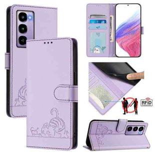 For Itel City 100 Cat Rat Embossed Pattern RFID Leather Phone Case with Lanyard(Purple)