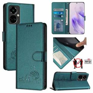 For Tecno Camon 19 Pro 5G Cat Rat Embossed Pattern RFID Leather Phone Case with Lanyard(Peacock Green)
