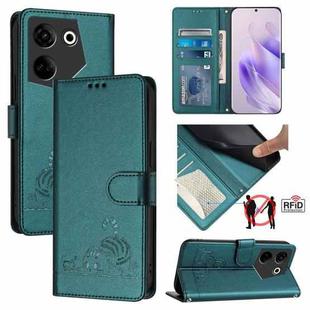 For Tecno Camon 20 / 20 Pro 4G Cat Rat Embossed Pattern RFID Leather Phone Case with Lanyard(Peacock Green)