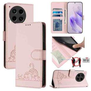 For Tecno Camon 30 4G Cat Rat Embossed Pattern RFID Leather Phone Case with Lanyard(Pink)