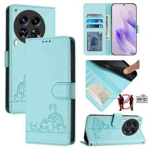 For Tecno Camon 30 Premier 5G cl9 Cat Rat Embossed Pattern RFID Leather Phone Case with Lanyard(Mint Green)