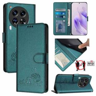 For Tecno Camon 30 Premier 5G cl9 Cat Rat Embossed Pattern RFID Leather Phone Case with Lanyard(Peacock Green)