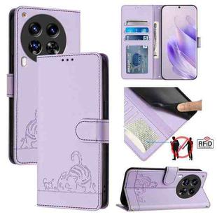 For Tecno Camon 30 Premier 5G cl9 Cat Rat Embossed Pattern RFID Leather Phone Case with Lanyard(Purple)