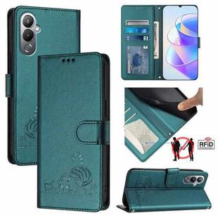 For Tecno POVA 4 Pro Cat Rat Embossed Pattern RFID Leather Phone Case with Lanyard(Peacock Green)