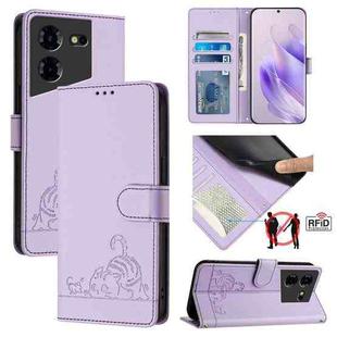 For Tecno Pova 5 4G Cat Rat Embossed Pattern RFID Leather Phone Case with Lanyard(Purple)