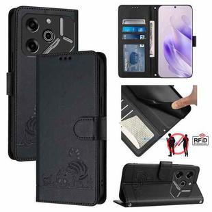 For Tecno Pova 6 Pro li9 Cat Rat Embossed Pattern RFID Leather Phone Case with Lanyard(Black)