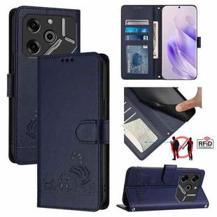 For Tecno Pova 6 Pro li9 Cat Rat Embossed Pattern RFID Leather Phone Case with Lanyard(Blue)