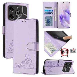 For Tecno Pova 6 5G Cat Rat Embossed Pattern RFID Leather Phone Case with Lanyard(Purple)
