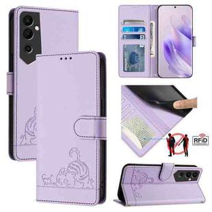 For Tecno Pova NEO 2 Cat Rat Embossed Pattern RFID Leather Phone Case with Lanyard(Purple)