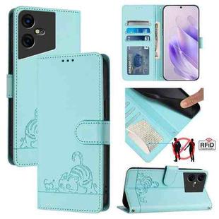 For Tecno Pova Neo 3 Cat Rat Embossed Pattern RFID Leather Phone Case with Lanyard(Mint Green)