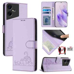 For Tecno Pova Neo 3 Cat Rat Embossed Pattern RFID Leather Phone Case with Lanyard(Purple)