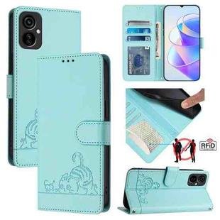 For Tecno Spark 9 Pro / 9T Cat Rat Embossed Pattern RFID Leather Phone Case with Lanyard(Mint Green)