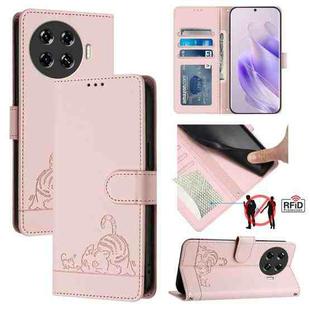 For Tecno Spark 20 Pro+ Cat Rat Embossed Pattern RFID Leather Phone Case with Lanyard(Pink)