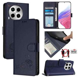 For Tecno Camon 30 5G Cat Rat Embossed Pattern RFID Leather Phone Case with Lanyard(Blue)