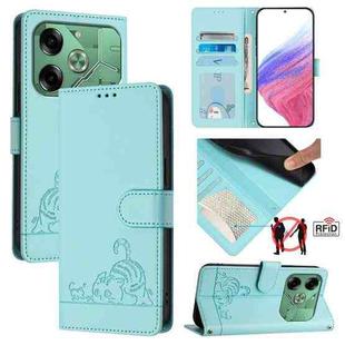 For Tecno Pova 6 4G Cat Rat Embossed Pattern RFID Leather Phone Case with Lanyard(Mint Green)