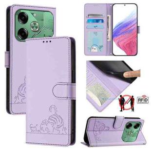 For Tecno Pova 6 4G Cat Rat Embossed Pattern RFID Leather Phone Case with Lanyard(Purple)