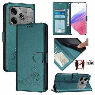 For Tecno Pova 6 Neo Cat Rat Embossed Pattern RFID Leather Phone Case with Lanyard(Peacock Green)