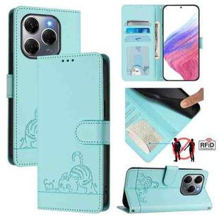 For Tecno Spark 20 Pro 5G Cat Rat Embossed Pattern RFID Leather Phone Case with Lanyard(Mint Green)