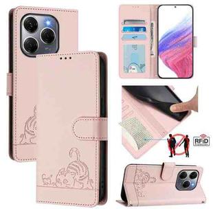 For Tecno Spark 20 Pro 5G Cat Rat Embossed Pattern RFID Leather Phone Case with Lanyard(Pink)