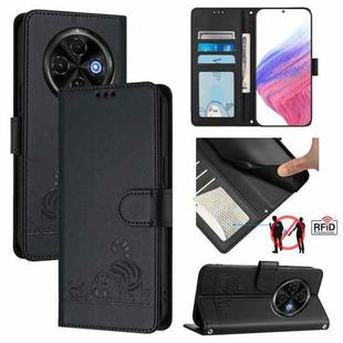 For Tecno Spark 30C 5G / Pop 9 5G Cat Rat Embossed Pattern RFID Leather Phone Case with Lanyard(Black)