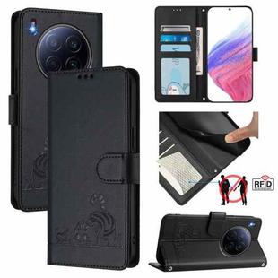 For Tecno Camon 40 Premier Cat Rat Embossed Pattern RFID Leather Phone Case with Lanyard(Black)