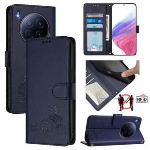 For Tecno Camon 40 Premier Cat Rat Embossed Pattern RFID Leather Phone Case with Lanyard(Blue)