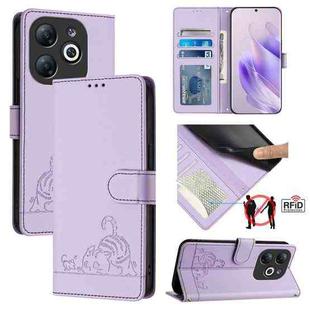 For Infinix Smart 8 Cat Rat Embossed Pattern RFID Leather Phone Case with Lanyard(Purple)