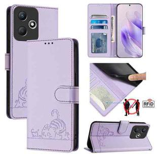 For Infinix Hot 30 Play Cat Rat Embossed Pattern RFID Leather Phone Case with Lanyard(Purple)