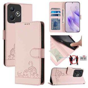 For Infinix Hot 30 Play NFC Cat Rat Embossed Pattern RFID Leather Phone Case with Lanyard(Pink)