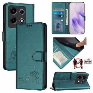 For Infinix Note 30 VIP Cat Rat Embossed Pattern RFID Leather Phone Case with Lanyard(Peacock Green)