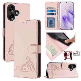 For Infinix Hot 30I Cat Rat Embossed Pattern RFID Leather Phone Case with Lanyard(Pink)