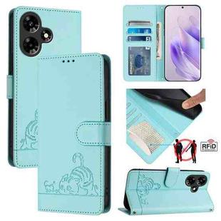 For Infinix Hot 30 4G Cat Rat Embossed Pattern RFID Leather Phone Case with Lanyard(Mint Green)