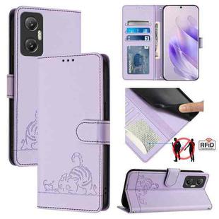 For Infinix Hot  20 5G X666 X66B Cat Rat Embossed Pattern RFID Leather Phone Case with Lanyard(Purple)