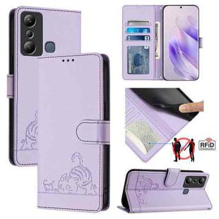 For Infinix Hot 20I X665E Cat Rat Embossed Pattern RFID Leather Phone Case with Lanyard(Purple)