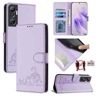 For Infinix Hot 20 X6826 Cat Rat Embossed Pattern RFID Leather Phone Case with Lanyard(Purple)