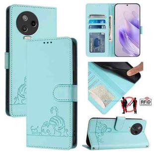 For Infinix Note 12 2023 Cat Rat Embossed Pattern RFID Leather Phone Case with Lanyard(Mint Green)