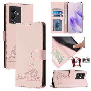 For Infinix Note 12 5G Cat Rat Embossed Pattern RFID Leather Phone Case with Lanyard(Pink)