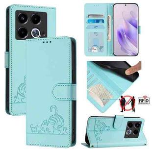 For Infinix Note 40 5G Cat Rat Embossed Pattern RFID Leather Phone Case with Lanyard(Mint Green)