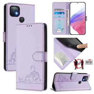 For Infinix Hot 10i Cat Rat Embossed Pattern RFID Leather Phone Case with Lanyard(Purple)