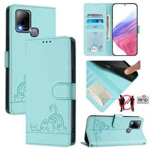 For Infinix Hot 10T / 10s Cat Rat Embossed Pattern RFID Leather Phone Case with Lanyard(Mint Green)