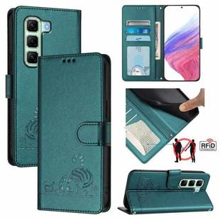 For Infinix Hot 50 4G Cat Rat Embossed Pattern RFID Leather Phone Case with Lanyard(Peacock Green)