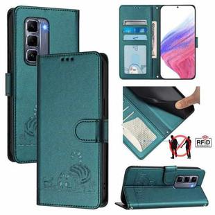 For Infinix Hot 50 Pro+ 4G Cat Rat Embossed Pattern RFID Leather Phone Case with Lanyard(Peacock Green)