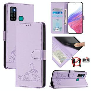 For Infinix Hot 9 / Hot 9 Pro Cat Rat Embossed Pattern RFID Leather Phone Case with Lanyard(Purple)