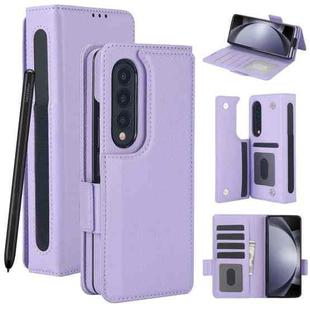 For Samsung Galaxy Z Fold4 Solid Color Multifunctional Folding Leather Phone Case with Pen Slot(Purple)