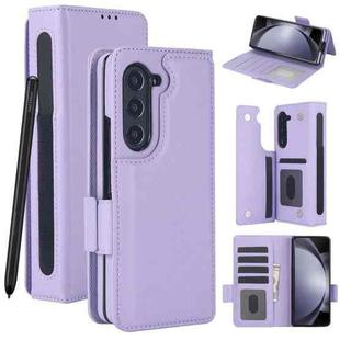 For Samsung Galaxy Z Fold7 Solid Color Multifunctional Folding Leather Phone Case with Pen Slot(Purple)