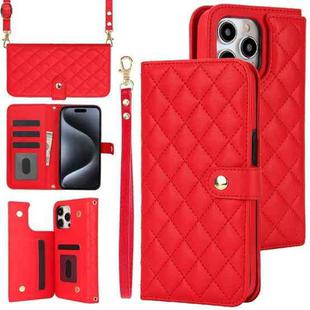 For iPhone 15 Pro Max Crossbody Multifunction Rhombic Leather Phone Case(Red)