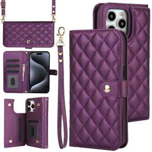 For iPhone 15 Pro Max Crossbody Multifunction Rhombic Leather Phone Case(Dark Purple)