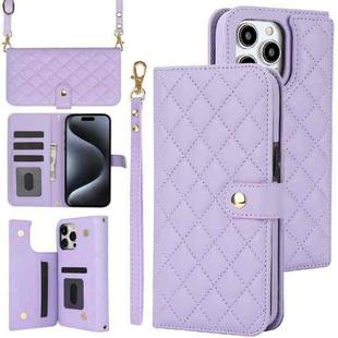 For iPhone 15 Pro Max Crossbody Multifunction Rhombic Leather Phone Case(Purple)